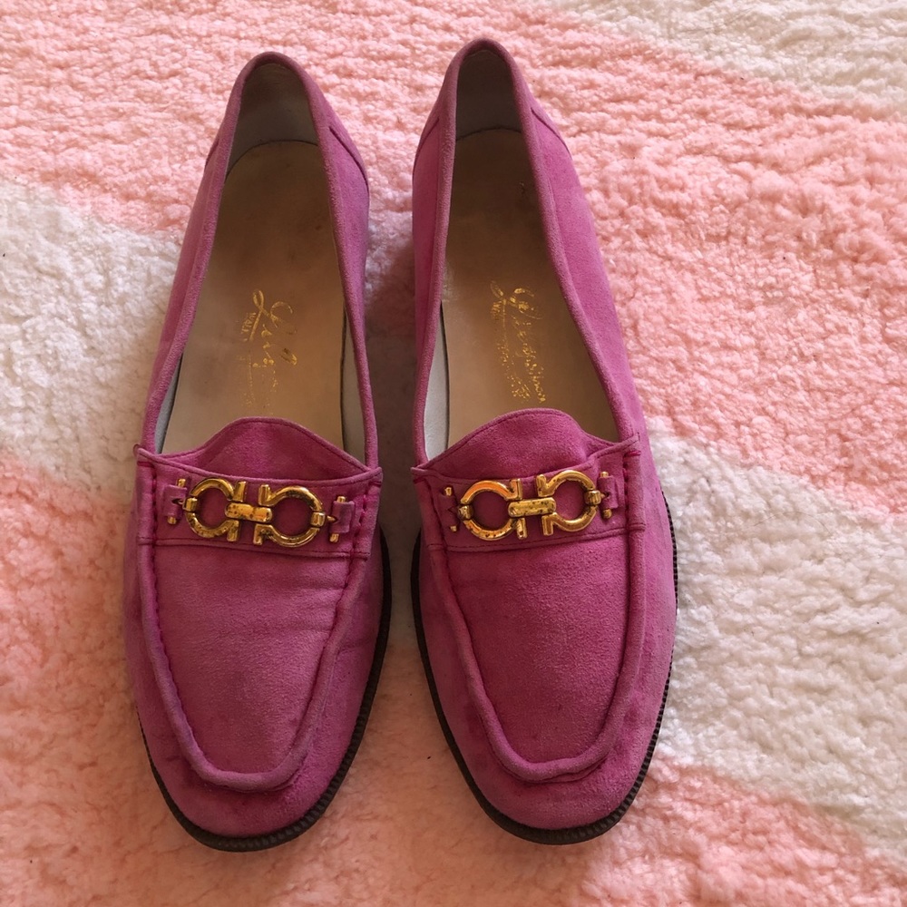 Pink suede loafers
